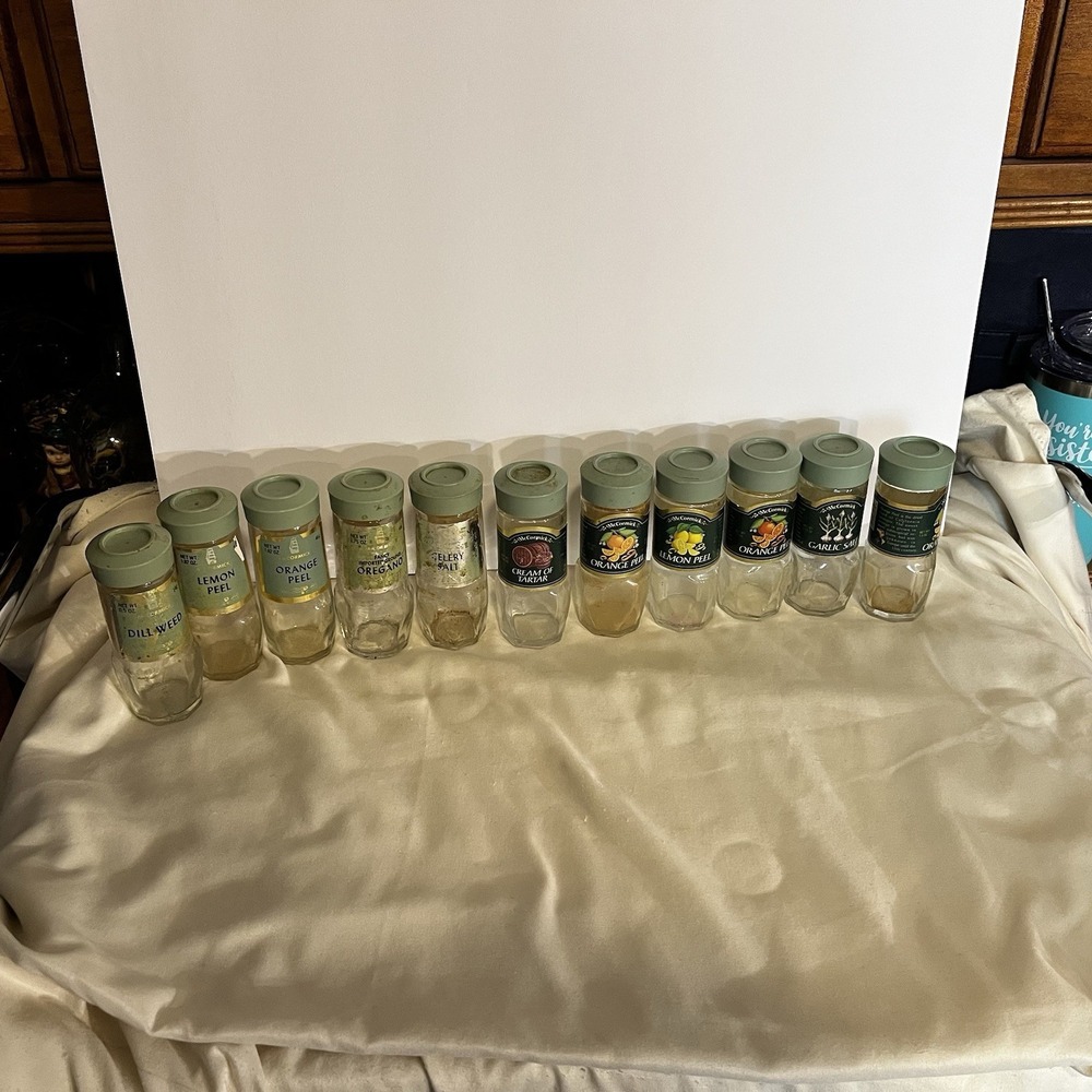 11 VTG McCormick Spice Jars Bottle Light Green Lid Empty - 2 Different Labels